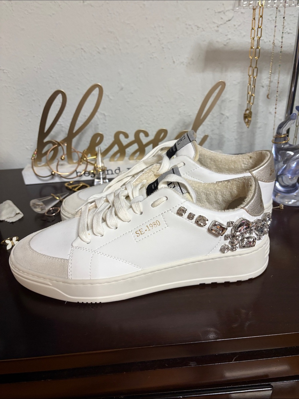 Sam Edelman White Crystal-Embellished Low-Top Sneakers - Picture 5 of 10